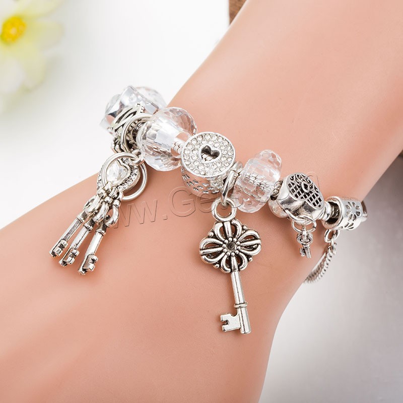 Zinc Alloy European Bracelet, with Crystal, antique silver color plated, different size for choice & for woman & with rhinestone, white, Length:Approx 8.3 Inch, Sold By Strand