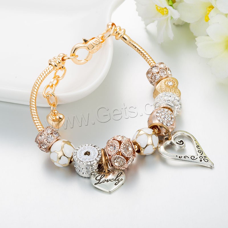Zinc Alloy European Bracelet, with Lampwork, plated, different size for choice & for woman & with rhinestone, metallic color plated, Length:Approx 8.3 Inch, Sold By Strand