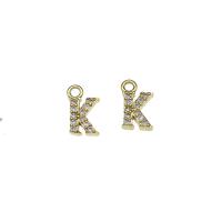 Carta colgantes de latón, metal, Letra K, chapado en color dorado, micro arcilla de zirconia cúbica, 6.5x11x2mm, agujero:aproximado 1.5mm, 30PCs/Bolsa, Vendido por Bolsa