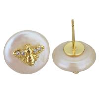 laiton boucle d oreille dormeuse, avec perle d'eau douce cultivée, Placage de couleur d'or, bijoux de mode & pavé de micro zircon & pour femme, 13- 0.8mm, Vendu par paire