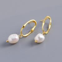 Sterling Silver Drop Earring, 925 Sterling Silver, with Freshwater Pearl, gold color plated, for woman & hollow, metallic color plated, 39.5mm 
