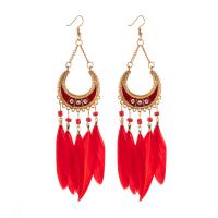 Fashion Feather Earring , Zinc Alloy, with Feather, Moon, gold color plated, Bohemian style & for woman 105mm 