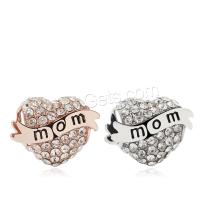 Rhinestone Zinc Alloy European Beads, Heart, plated, DIY & with letter pattern & with rhinestone 