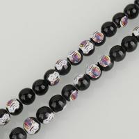 Kunstdruck Porzellan Perlen, rund, schwarz, 10mm, Bohrung:ca. 2mm, Länge:ca. 15 ZollInch, ca. 40PCs/Strang, verkauft von Strang