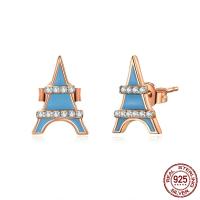 Cubic Zirconia Micro Pave Sterling Silver Earring, 925 Sterling Silver, Eiffel Tower, rose gold color plated, micro pave cubic zirconia & for woman & enamel 
