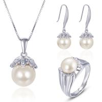 Cubic Zirconia Micro Pave Sterling Sliver Jewelry Sets, 925 Sterling Silver, pendant & finger ring & earring, with Shell Pearl & Freshwater Pearl, platinum plated, adjustable & micro pave cubic zirconia & for woman  11mm , 9mm, US Ring .5 