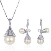 Cubic Zirconia Micro Pave Sterling Sliver Jewelry Sets, 925 Sterling Silver, pendant & earring, with Shell Pearl, platinum plated & micro pave cubic zirconia & for woman  9mm 