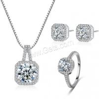 Brass Cubic Zirconia Jewelry Sets, finger ring & earring & necklace, Tree, platinum plated & micro pave cubic zirconia 8mm 