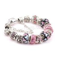 Zinc Alloy European Bracelets, with Lampwork, plated & for woman & with rhinestone, pink 