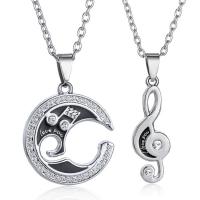 Couple Stainless Steel Necklace, with 1.97inch extender chain, 2 pieces & oval chain & micro pave cubic zirconia & for couple & enamel, original color, 9.5mm 