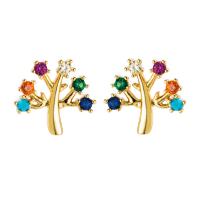 Cubic Zirconia Micro Pave Brass Earring, Copper Alloy, Tree, 18K gold plated, micro pave cubic zirconia, gold 