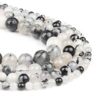 Rutilquarz Perlen, Schwarzer Rutilquarz, rund, poliert, weiß und schwarz, 6x6x6mm, 98PC/Strang, verkauft von Strang