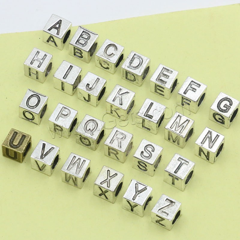 Zink Legierung Alphabet Perlen, Zinklegierung, Quadrat, plattiert, DIY & mit Brief Muster, keine, 7x7x7mm, 50PCs/Tasche, verkauft von Tasche