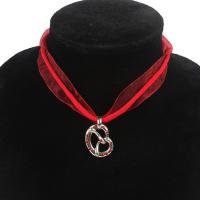 Zinc Alloy Necklace, with Waxed Cotton Cord & Ribbon & Rhinestone, Unisex, red 