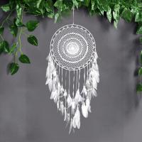 Fashion Dream Catcher, Flocking Fabric, with Cotton Thread & Feather & Wood & Iron, handmade, dyed & woven pattern white, 1100mm 