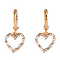 Brass Huggie Hoop Drop Earring, Heart, 18K gold plated, micro pave cubic zirconia & for woman & hollow, metallic color plated 