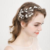 Bridal Frontlet, Zinc Alloy, with Freshwater Pearl, Leaf, silver color plated, droplets-proof & for bridal, white, 160mm 