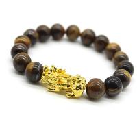 Tiger Eye Stone Bracelets, Alloy, with Tiger Eye, Ball, plated earth yellow  