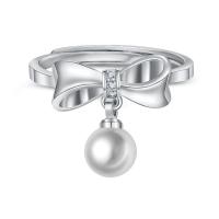 Brass Open Finger Ring, with Freshwater Pearl, plated, Adjustable & micro pave cubic zirconia & for woman 6mm,2mm 