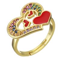 Латунь Открыть палец кольцо, Сердце, плакирован золотом, Регулируемый & инкрустированное микро кубического циркония & Женский & эмаль & отверстие, 13.5mm, размер:6, продается PC