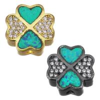 Cubic Zirconia Micro Pave Brass Beads, with Opal, Four Leaf Clover, plated, micro pave cubic zirconia 