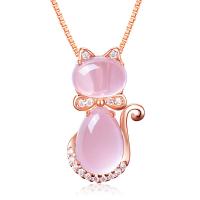 Fashion Necklace Jewelry, Cupronickel, with Rose Quartz, Cat, plated, fashion jewelry & for woman, pink, 20.2*11.6*7.2*400+50mm 
