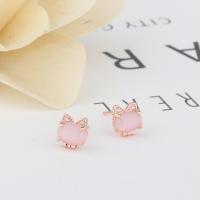 Quartz Earring, Cupronickel, with Rose Quartz, Cat, rose gold color plated, fashion jewelry & for woman, pink, 8*8*5mm 