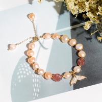Cultured Freshwater Pearl Bracelets, with Strawberry Quartz, Mermaid tail, polished, Adjustable & fashion jewelry & for woman, pink, 190mm 