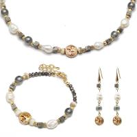 Natural Freshwater Pearl Jewelry Sets, Natural Stone, bracelet & earring & necklace, with Freshwater Pearl & Quartz, Round, polished, three pieces & for woman, mixed colors, 420mmuff0c75*13mmuff0c160*13mm 