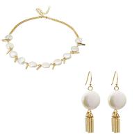Natural Freshwater Pearl Jewelry Sets, with Brass, Tassel, plated, 2 pieces & for woman, golden, 380mmuff0c40mm 