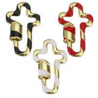 Fashion Carabiner Key Ring, Brass, Cross, gold color plated, enamel 