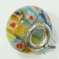 Millefiori Glass European Beads, Rondelle, with flower pattern & sterling silver double core without troll Approx 4.5mm 