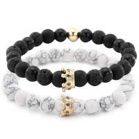 Couple Bracelet, Howlite, with Black Diamond & Lava & Zinc Alloy, plated, 2 pieces & micro pave cubic zirconia, white and black .5 Inch 