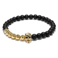 Black Agate Bracelets, with Brass, Skull, plated, fashion jewelry & for man 6mm 