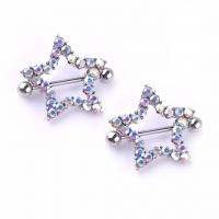 Stainless Steel Nipple Ring, Star, plated, with rhinestone 14mm 