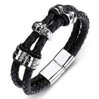 Men Bracelet, Microfiber PU, with Stainless Steel, fashion jewelry, black, 6MMX2 
