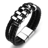 Men Bracelet, Microfiber PU, with Stainless Steel, fashion jewelry, black, 6MMX3 