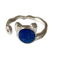 Zinc Alloy Cuff Finger Ring, silver color plated, for woman & enamel, blue, nickel, lead & cadmium free, 10mm, Inner Approx 17mm 