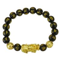 OM Mani Padme Hum Bracelet, alliage de zinc, avec Obsidienne, Placage de couleur d'or, unisexe, noire 10mm Environ 7 pouce, Vendu par brin