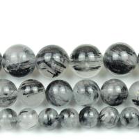 Rutilquarz Perlen, Rutilated Quarz, rund, poliert, DIY & verschiedene Größen vorhanden, schwarz, verkauft von Strang