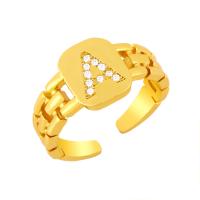 Латунь Манжеты палец кольцо, Алфавитное письмо, Регулируемый & инкрустированное микро кубического циркония & Женский, Золотой, 10mm, продается PC