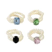 Bague pierre précieuse, perle d'eau douce cultivée, avec fil élastique & pierre gemme en verre, Motif géométrique, réglable & pour femme, plus de couleurs à choisir Vendu par PC