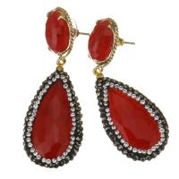 Rhinestone Drop Earring, Rhinestone Clay Pave, with Dyed Jade, gold color plated, for woman, red, 56mm 