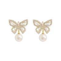 Zinc Alloy Rhinestone Drop Earring, with pearl, for woman & with rhinestone, golden 