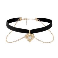 Fashion Choker Necklace, Zinc Alloy, with Velveteen & Plastic Pearl, with 2.76 inch extender chain, gold color plated, for woman & with rhinestone Approx 12.6 Inch 
