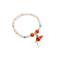 pulsera de perlas y semipresiosas piedras, Cornalina, con perla & metal, para mujer, Blanco, 37mm, longitud:19 cm, Vendido por UD