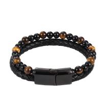 PU Leather Bracelet, with Lava & Tiger Eye & Stainless Steel, plated, Double Layer & dyed 215mm 