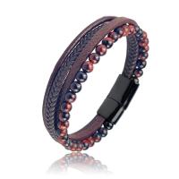 PU Leather Bracelet, with Tiger Eye & Stainless Steel, plated, multilayer & dyed & for man 215mm 