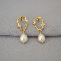Freshwater Pearl Brass Earring, with Freshwater Pearl, gold color plated, for woman & with rhinestone & hollow, 23mm 