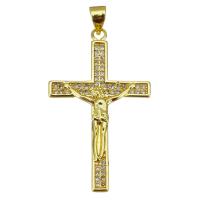 Messing Kreuz Anhänger, Jesus Kreuz, goldfarben plattiert, Micro pave Zirkonia, 21x36x3mm, Bohrung:ca. 3.5mm, verkauft von PC